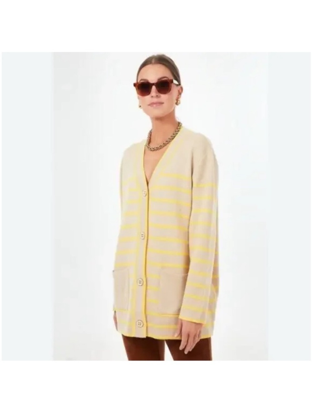 Tuckernuck Cream and Yellow Striped V-Neck Button Cardigan - XS